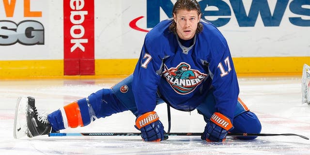 UNIONDALE, NY - FEBRUARY 03: Matt Martin #17 of the New York Islanders skates during warmups in the fisherman uniform prior to the game against the Florida Panthers at Nassau Veterans Memorial Coliseum on February 3, 2015 in Uniondale, New York. (Photo by Mike Stobe/NHLI via Getty Images)
