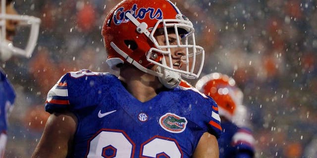 Aug 30, 2014; Gainesville, FL, USA; Florida Gators tight end Jake McGee (83) warms up before the game against the Idaho Vandals at Ben Hill Griffin Stadium. Mandatory Credit: Kim Klement-USA TODAY Sports