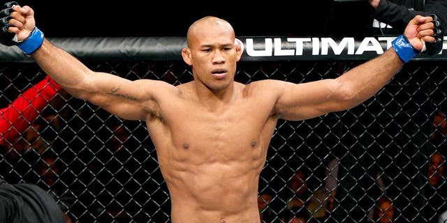 Ronaldo "Jacare" Souza reacts after knocking out Yushin Okami in their middleweight fight during the UFC on FOX Sports 1 event at Mineirinho Arena on September 4, 2013 in Belo Horizonte, Brazil. (Photo by Josh Hedges/Zuffa LLC/Zuffa LLC via Getty Images)