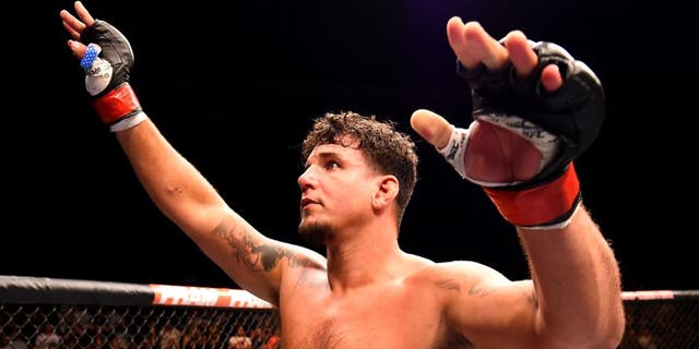 SAN DIEGO, CA - JULY 15: Frank Mir celebrates his knockout victory over Todd Duffee in their heavyweight bout during the UFC event at the Valley View Casino Center on July 15, 2015 in San Diego, California. (Photo by Jeff Bottari/Zuffa LLC/Zuffa LLC via Getty Images)