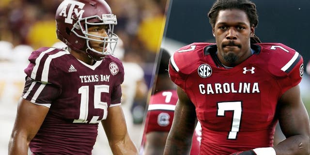 HOUSTON, TX - SEPTEMBER 05: Myles Garrett #15 of the Texas A&M Aggies walks off the field in the first half of their game against the Arizona State Sun Devils during the Advocare Texas Kickoff at NRG Stadium on September 5, 2015 in Houston, Texas. (Photo by Scott Halleran/Getty Images) COLUMBIA, SC - SEPTEMBER 14: Jadeveon Clowney #7 of the South Carolina Gamecocks during their game at Williams-Brice Stadium on September 14, 2013 in Columbia, South Carolina. (Photo by Streeter Lecka/Getty Images)