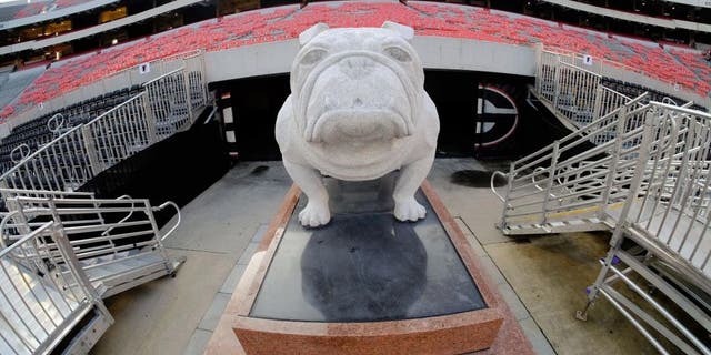 Sep 5, 2015; Athens, GA, USA; The statue of the Bulldog sits near the end zone prior to the game between the Louisiana Monroe Warhawks and the Georgia Bulldogs at Sanford Stadium. Mandatory Credit: Dale Zanine-USA TODAY Sports