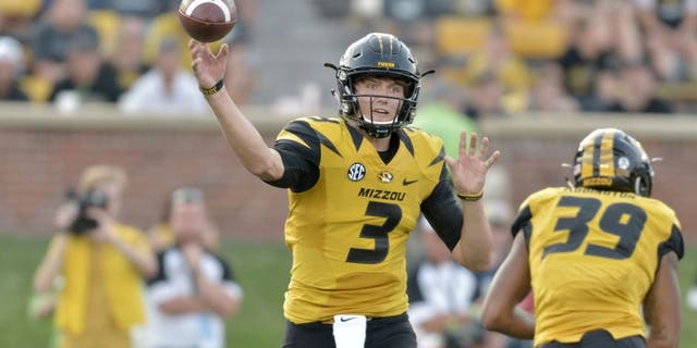 Sep 5, 2015; Columbia, MO, USA; Missouri Tigers quarterback Drew Lock (3) throws a pass during the second half against the Southeast Missouri State Redhawks at Faurot Field. Missouri won 34-3. Mandatory Credit: Denny Medley-USA TODAY Sports
