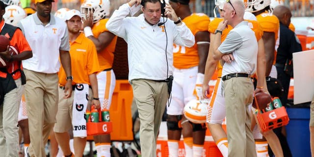 Sep 5, 2015; Nashville, TN, USA; Tennessee Volunteers head coach Butch Jones during the first quarter of the game against the Bowling Green Falcons at Nissan Stadium. Mandatory Credit: Randy Sartin-USA TODAY Sports