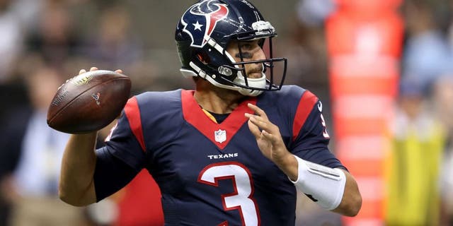 Aug 30, 2015; New Orleans, LA, USA; Houston Texans quarterback Tom Savage (3) looks to throw against the New Orleans Saints in the second half of their game at the Mercedes-Benz Superdome. The Texans won, 27-13. Mandatory Credit: Chuck Cook-USA TODAY Sports