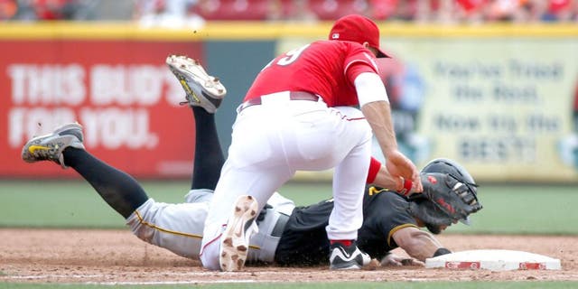 Sep 7, 2015; Cincinnati, OH, USA; Pittsburgh Pirates first baseman Sean Rodriguez (3) is picked off at first by Cincinnati Reds first baseman Joey Votto (19) in the ninth inning at Great American Ball Park. The Reds won 3-1. Mandatory Credit: David Kohl-USA TODAY Sports