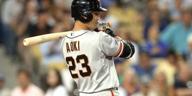 LOS ANGELES, CA - SEPTEMBER 01: Pinch hitter Nori Aoki #23 of the San Francisco Giants bats against the Los Angeles Dodgers in the eighth inning at Dodger Stadium on September 1, 2015 in Los Angeles, California (Photo by Stephen Dunn/Getty Images)