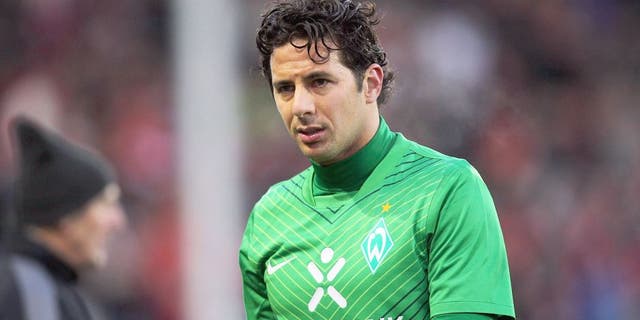 FREIBURG IM BREISGAU, GERMANY - FEBRUARY 05: Claudio Pizzaro of Bremen is seen after the Bundesliga match between SC Freiburg and Werder Bremen at Mage Solar Stadium on February 5, 2012 in Freiburg im Breisgau, Germany. (Photo by Thomas Niedermueller/Bongarts/Getty Images)