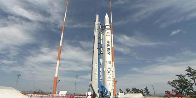 The South Korean KSLV-1 rocket sits on the launch pad during ground tests before its first launch in 2009.