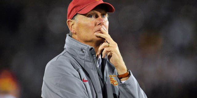 October 10, 2013; Los Angeles, CA, USA; Southern California Trojans athletic director Pat Haden watches game action against the Arizona Wildcats during the second half at the Los Angeles Memorial Coliseum. Mandatory Credit: Gary A. Vasquez-USA TODAY Sports
