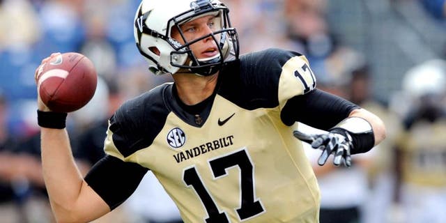 Sep 6, 2014; Nashville, TN, USA; Vanderbilt Commodores quarterback Stephen Rivers (17) passes the ball during the second half against the Mississippi Rebels at LP Field. Mississippi won 41-3. Mandatory Credit: Christopher Hanewinckel-USA TODAY Sports
