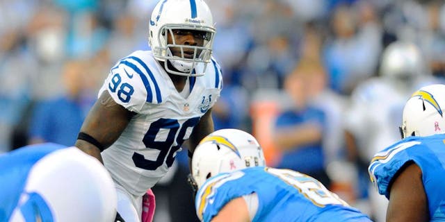 Oct 14, 2013; San Diego, CA, USA; Indianapolis Colts linebacker Robert Mathis (98) lines up during the first half against the San Diego Chargers at Qualcomm Stadium. Mandatory Credit: Christopher Hanewinckel-USA TODAY Sports