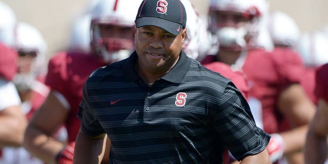 Sep 6, 2014; Stanford, CA, USA; Stanford Cardinal coach David Shaw runs onto the field at the start of the second half against the Southern California Trojans at Stanford Stadium. Mandatory Credit: Kirby Lee-USA TODAY Sports