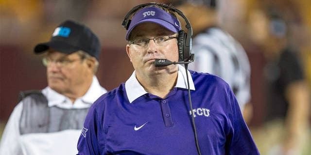 Sep 3, 2015; Minneapolis, MN, USA; TCU Horned Frogs head coach Gary Patterson looks on during the first half against the Minnesota Golden Gophers at TCF Bank Stadium. Mandatory Credit: Jesse Johnson-USA TODAY Sports