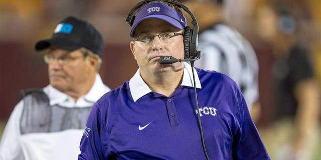 Sep 3, 2015; Minneapolis, MN, USA; TCU Horned Frogs head coach Gary Patterson looks on during the first half against the Minnesota Golden Gophers at TCF Bank Stadium. Mandatory Credit: Jesse Johnson-USA TODAY Sports