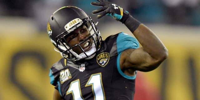 Dec 18, 2014; Jacksonville, FL, USA; Jacksonville Jaguars receiver Marqise Lee (11) reacts after a first down after a pass interference penalty in the fourth quarter against the Tennessee Titans at EverBank Field. The Jaguars defeated the Titans 21-13. Mandatory Credit: Kirby Lee-USA TODAY Sports