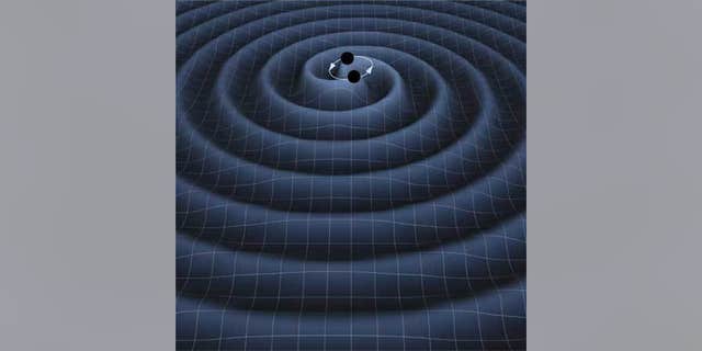 Artist's impression of gravitational waves from two orbiting black holes.