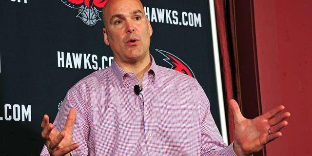 ATLANTA, GA - MAY 29: General Manager Danny Ferry speaks during the press conference introducing Mike Budenholzer as the new Head Coach of the Atlanta Hawks during a press conference on May 29, 2013 at Philips Arena in Atlanta, Georgia. NOTE TO USER: User expressly acknowledges and agrees that, by downloading and/or using this Photograph, user is consenting to the terms and conditions of the Getty Images License Agreement. Mandatory Copyright Notice: Copyright 2013 NBAE (Photo by Scott Cunningham/NBAE via Getty Images)