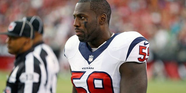 Aug 9, 2014; Glendale, AZ, USA; Houston Texans linebacker Whitney Mercilus (59) against the Arizona Cardinals during a preseason game at University of Phoenix Stadium. Mandatory Credit: Mark J. Rebilas-USA TODAY Sports