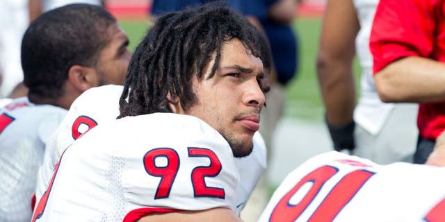 Sep 6, 2014; Salt Lake City, UT, USA; Fresno State Bulldogs defensive lineman Tyeler Davison (92) on the bench during the second half against the Utah Utes at Rice-Eccles Stadium. Utah won 59-27. Mandatory Credit: Russ Isabella-USA TODAY Sports