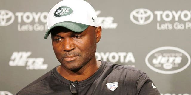 August 11, 2015; Florham Park, NJ, USA; New York Jets head coach Todd Bowles answers questions about Geno Smith (not pictured) after the New York Jets hold practice at the Atlantic Health Jets Training Center. Mandatory Credit: John Munson/THE STAR-LEDGER via USA TODAY Sports