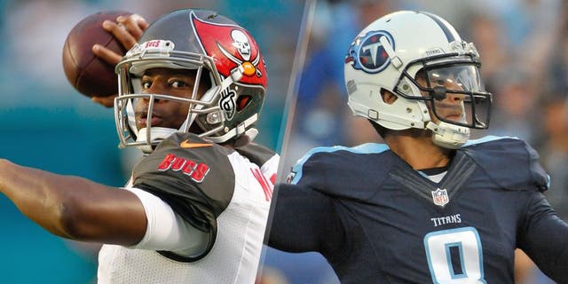 Sep 3, 2015; Miami Gardens, FL, USA; Tampa Bay Buccaneers quarterback Jameis Winston warms up before the game against the Miami Dolphins at Sun Life Stadium. Mandatory Credit: Andrew Innerarity-USA TODAY Sports Aug 23, 2015; Nashville, TN, USA; Tennessee Titans quarterback Marcus Mariota (8) passes against the St. Louis Rams during the first half at Nissan Stadium. Mandatory Credit: Jim Brown-USA TODAY Sports