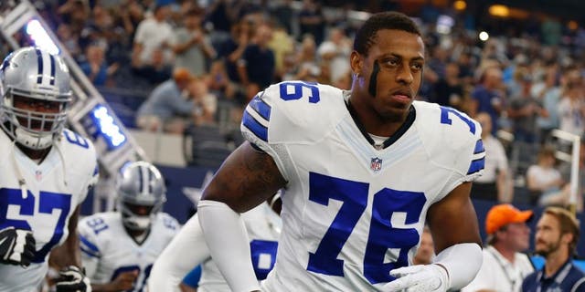 Aug 29, 2015; Arlington, TX, USA; Dallas Cowboys defensive end Greg Hardy (76) takes the field prior to the game against the Minnesota Vikings at AT&amp;T Stadium. Mandatory Credit: Matthew Emmons-USA TODAY Sports