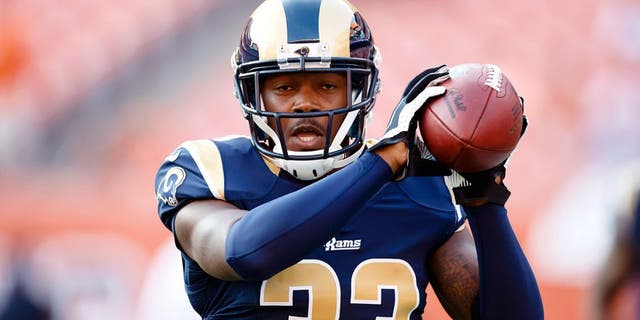Aug 23, 2014; Cleveland, OH, USA; St. Louis Rams cornerback E.J. Gaines (33) warms up before the game against the Cleveland Browns at FirstEnergy Stadium. Mandatory Credit: Rick Osentoski-USA TODAY Sports