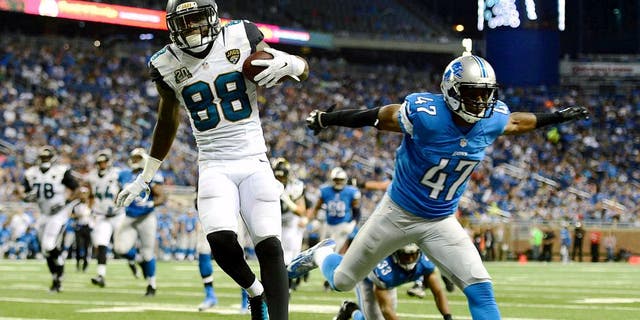 Aug 22, 2014; Detroit, MI, USA; Jacksonville Jaguars wide receiver Allen Hurns (88) gets away from Detroit Lions defensive back Nate Ness (47) to score a touchdown during the third quarter at Ford Field. Mandatory Credit: Andrew Weber-USA TODAY Sports