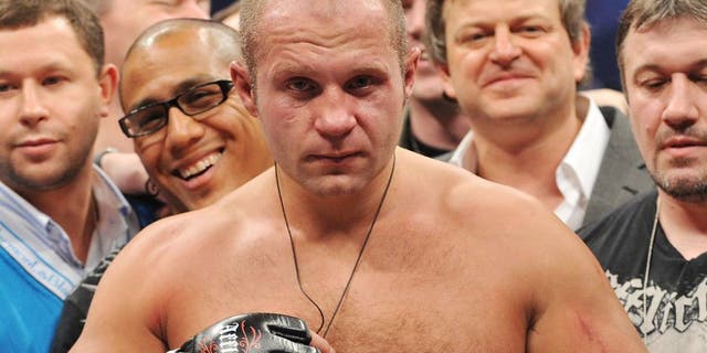ANAHEIM, CA - JANUARY 24: Affliction Fedor Emelianenko celebrates after defeating Andrei Arlovski in the first round during their Heavyweight bout at "Affliction M-1 Global Day of Reckoning" at the Honda Center on January 24, 2009 in Anaheim, California. (Photo by Jon Kopaloff/Getty Images) *** Local Caption *** Fedor Emelianenko