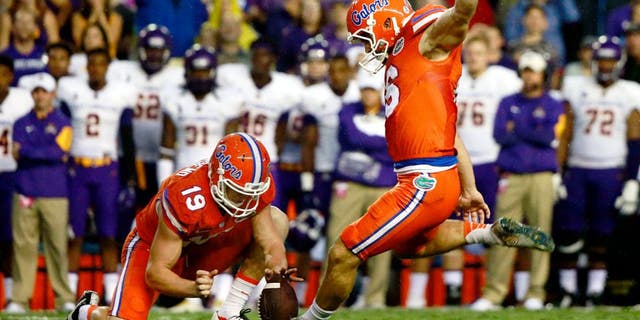 Sep 12, 2015; Gainesville, FL, USA; Florida Gators place kicker Austin Hardin (16) kicks the ball for a field goal during the first quarter against the East Carolina Pirates at Ben Hill Griffin Stadium . Mandatory Credit: Kim Klement-USA TODAY Sports