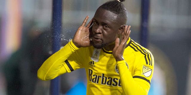 Sep 12, 2015; Philadelphia, PA, USA; Columbus Crew forward Kei Kamara (23) reacts after scoring during the first half against the Philadelphia Union at PPL Park. Mandatory Credit: Tommy Gilligan-USA TODAY Sports