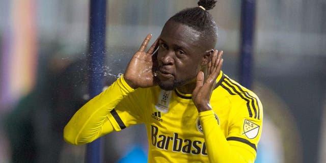 Sep 12, 2015; Philadelphia, PA, USA; Columbus Crew forward Kei Kamara (23) reacts after scoring during the first half against the Philadelphia Union at PPL Park. Mandatory Credit: Tommy Gilligan-USA TODAY Sports