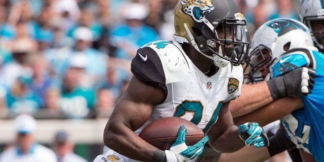 Sep 13, 2015; Jacksonville, FL, USA; Jacksonville Jaguars running back T.J. Yeldon (24) runs with the ball against the Carolina Panthers during the second half at EverBank Field. The Panthers defeat the Jaguars 20-9. Mandatory Credit: Jerome Miron-USA TODAY Sports