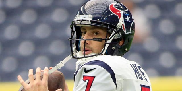 Sep 13, 2015; Houston, TX, USA; Houston Texans quarterback Brian Hoyer (7) warms up before the game against the Kansas City Chiefs at NRG Stadium. Mandatory Credit: Kevin Jairaj-USA TODAY Sports