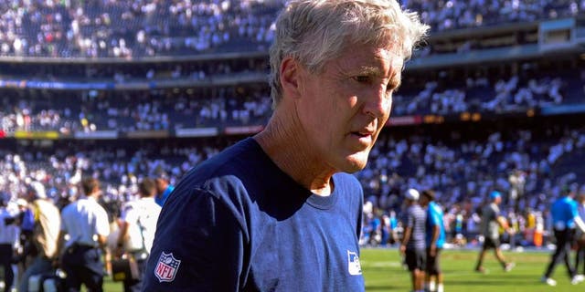 Sep 14, 2014; San Diego, CA, USA; Seattle Seahawks head coach Pete Carroll walks off the field after the Seahawks 30-21 loss to the San Diego Chargers at Qualcomm Stadium. Mandatory Credit: Robert Hanashiro-USA TODAY Sports