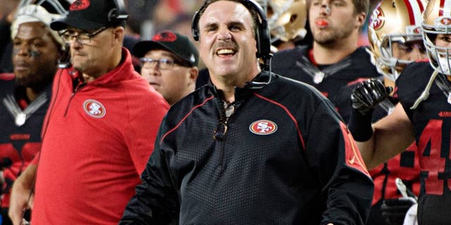 September 14, 2015; Santa Clara, CA, USA; San Francisco 49ers head coach Jim Tomsula reacts against the Minnesota Vikings during the first quarter at Levi's Stadium. Mandatory Credit: Kyle Terada-USA TODAY Sports