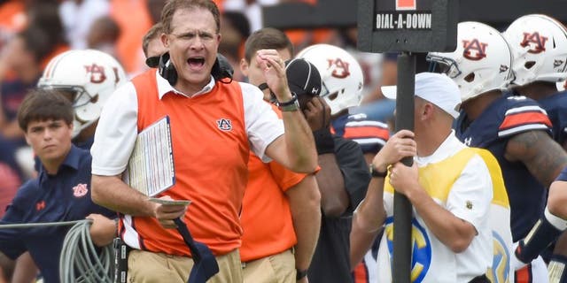 Sep 12, 2015; Auburn, AL, USA; Auburn Tigers head coach Gus Malzahn reacts during the second quarter against the Jacksonville State Gamecocks at Jordan Hare Stadium. Mandatory Credit: Shanna Lockwood-USA TODAY Sports