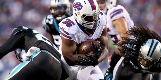 Aug 14, 2015; Orchard Park, NY, USA; Buffalo Bills running back Bryce Brown (35) runs the ball during the first half against the Carolina Panthers in a preseason NFL football game at Ralph Wilson Stadium. Mandatory Credit: Timothy T. Ludwig-USA TODAY Sports