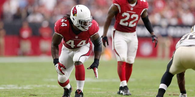 GLENDALE, AZ - SEPTEMBER 13: Outside linebacker Markus Golden #44 of the Arizona Cardinals in action during the NFL game against the New Orleans Saints at the University of Phoenix Stadium on September 13, 2015 in Glendale, Arizona. The Cardinals defeated the Saints 31-19. (Photo by Christian Petersen/Getty Images)