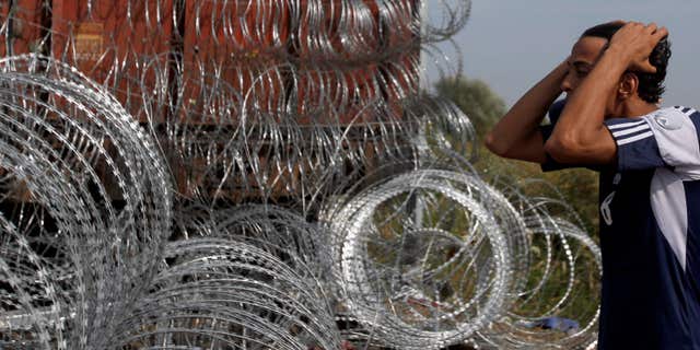 Sept. 15, 2015: A migrant looks and reacts at the closed railway border crossing between Serbia and Hungary, near Horgos, Serbia.
