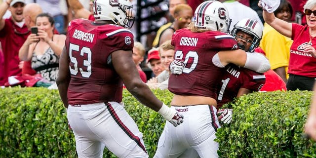 Sep 13, 2014; Columbia, SC, USA; South Carolina Gamecocks offensive tackle Corey Robinson (53) and tight end Cody Gibson (90) and wide receiver Pharoh Cooper (11) celebrate a touchdown by Cooper against the Georgia Bulldogs in the first quarter at Williams-Brice Stadium. Mandatory Credit: Jeff Blake-USA TODAY Sports