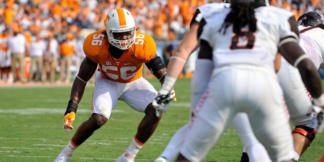 NASHVILLE, TN - SEPTEMBER 05: Curt Maggitt #56 of the Tennessee Volunteers plays against the Bowling Green Falcons at Nissan Stadium on September 5, 2015 in Nashville, Tennessee. (Photo by Frederick Breedon/Getty Images)