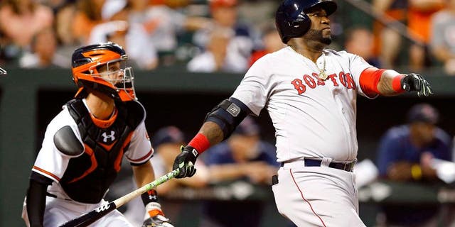 RETRANSMISSION TO CORRECT NAME OF CATCHER TO CALEB JOSEPH FROM MATT WIETERS - Boston Red Sox's David Ortiz, right, watches his solo home run in front of Baltimore Orioles catcher Caleb Joseph in the second inning of a baseball game, Wednesday, Sept. 16, 2015, in Baltimore. (AP Photo/Patrick Semansky)