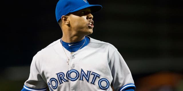 Sep 15, 2014; Baltimore, MD, USA; Toronto Blue Jays starting pitcher Marcus Stroman (54) yells at the Baltimore Orioles bench as he walks off the field after the sixth inning at Oriole Park at Camden Yards. Baltimore Orioles defeated Toronto Blue Jays 5-2. Mandatory Credit: Tommy Gilligan-USA TODAY Sports
