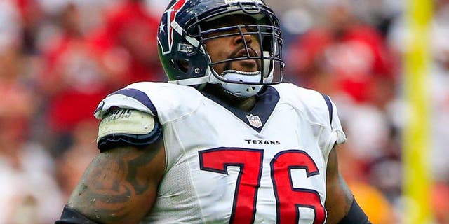 Houston, TX, USA: Houston Texans tackle Duane Brown (76) during the game against the Kansas City Chiefs at NRG Stadium on Sep 13, 2015. Credit: Kevin Jairaj-USA TODAY Sports