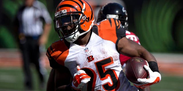 Sep 14, 2014; Cincinnati, OH, USA; Cincinnati Bengals running back Giovani Bernard (25) carries the ball in the second half against the Atlanta Falcons at Paul Brown Stadium. The Bengals won 24-10. Mandatory Credit: Aaron Doster-USA TODAY Sports