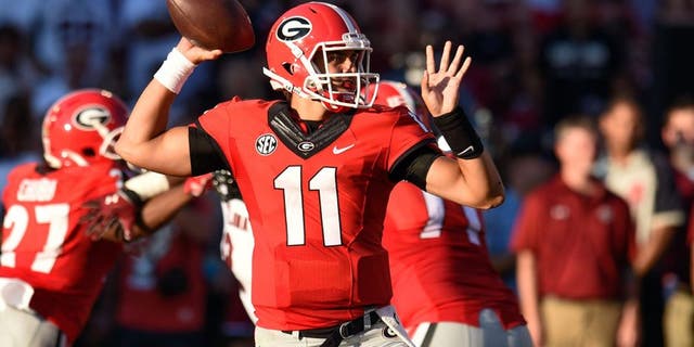 Sep 19, 2015; Athens, GA, USA; Georgia Bulldogs quarterback Greyson Lambert passes against the South Carolina Gamecocks during the first half at Sanford Stadium. Mandatory Credit: Dale Zanine-USA TODAY Sports