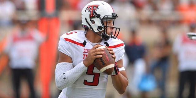 LUBBOCK, TX - SEPTEMBER 12: Patrick Mahomes #5 of the Texas Tech Red Raiders looks to pass during the game against the UTEP Miners on September 12, 2015 at Jones AT&amp;T Stadium in Lubbock, Texas.Texas Tech won the game 69-20. (Photo by John Weast/Getty Images)