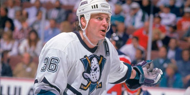 ANAHEIM, CA - DECEMBER 7: Todd Ewen #36 of the Mighty Ducks of Anaheim reacts during a game against the Florida Panthers at The Arrowhead Pond of Anaheim on December 7, 1993 in Anaheim, California. The Panthers won 3-2. (Photo by Al Bello/Getty Images) *** Local Caption *** Todd Ewen